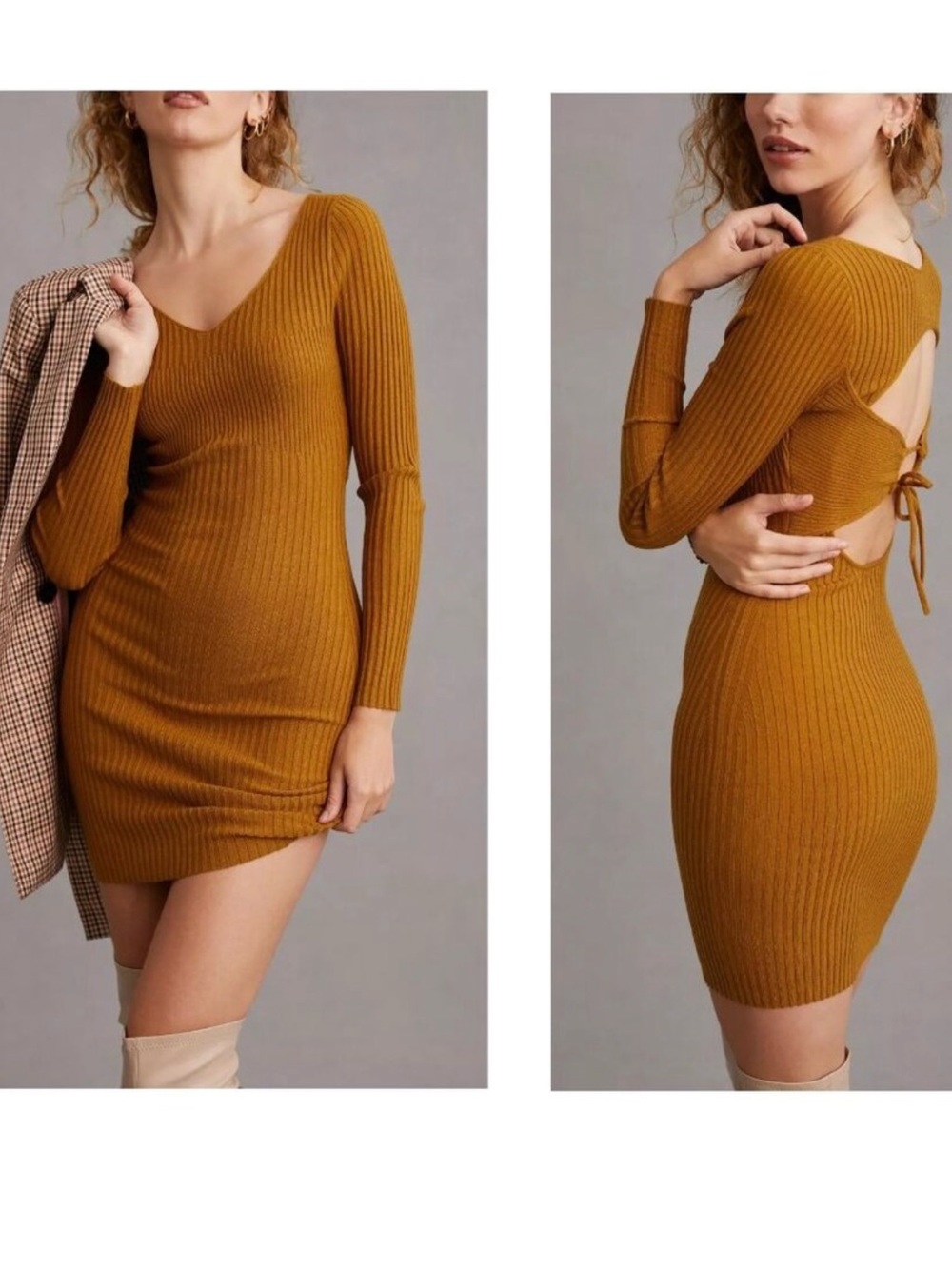 Anthropologie Daily Practice Ribbed Dress Cutout Open Back Dark Yellow Brown S